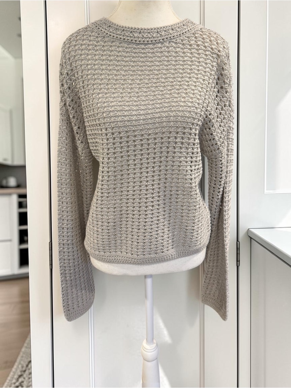 NWT VINCE Open Knit Crochet Bell Sleeve Sweater Sage Gray Size Small $348